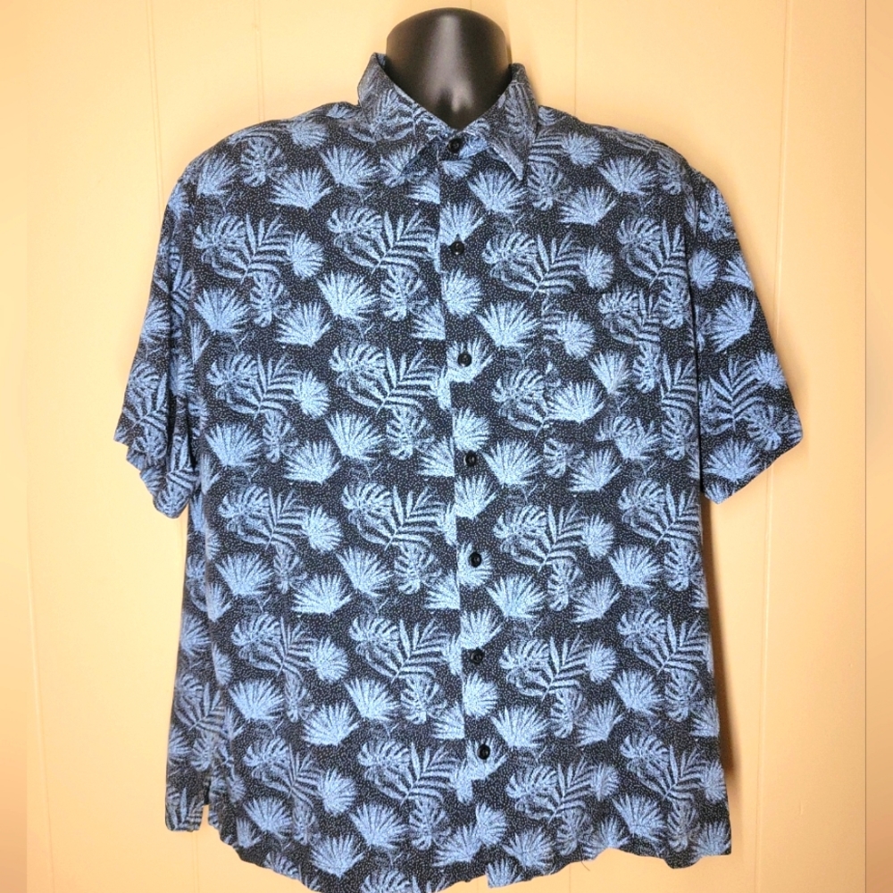 Nat Nast Men Button Up Shirt XL Blue Silk Blend Hawaiian Tropical Camp